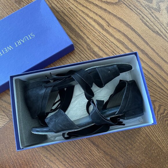 NIB Stuart Weitzman Black Suede Corbata Wrap Fringe Ankle Tie Sandals Flats - Picture 4 of 5